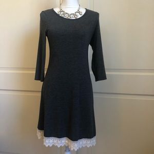 LE LIS Charcoal Gray Dress with Beige Lace Hem